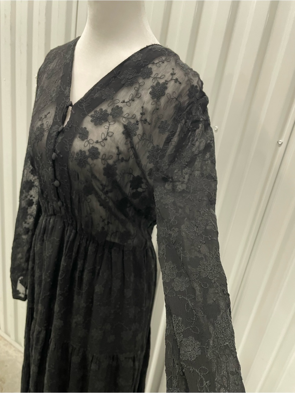 Mango Black Floral Embroidered Sheer Tiered Maxi Dress 4 Whimsigoth Dark Cottage - Picture 2 of 11